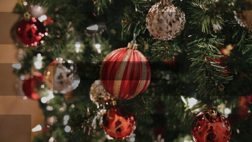 a close up of a christmas tree with ornaments — Samsung Frame TV art