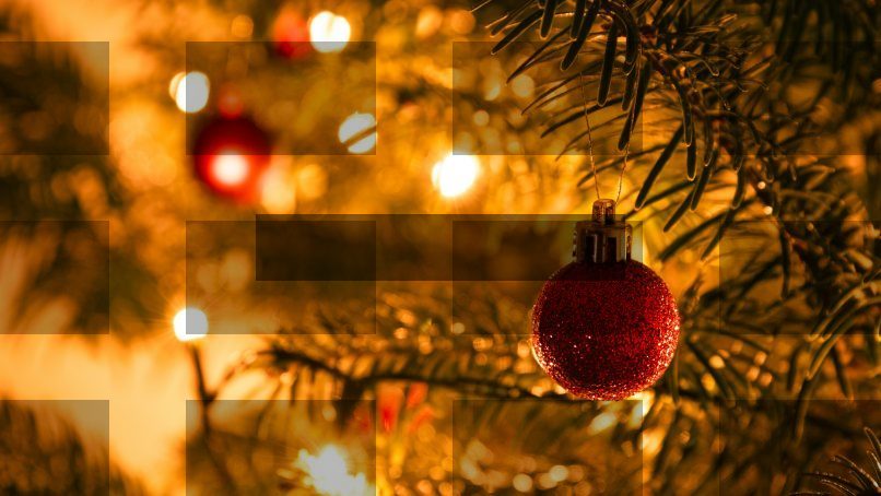 a red ornament hanging from a christmas tree — Samsung Frame TV art