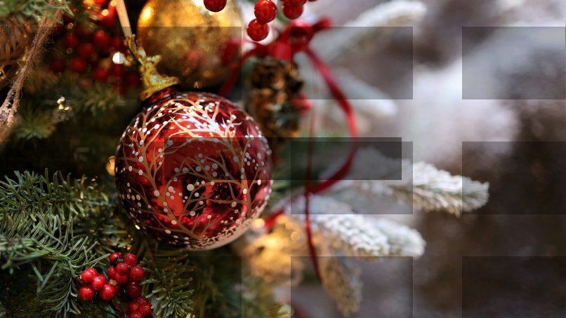 a close up of a christmas tree with ornaments — Samsung Frame TV art
