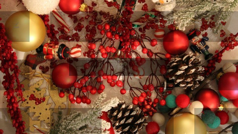 red and yellow baubles on green pine tree — Samsung Frame TV art
