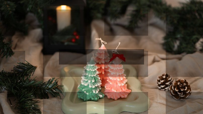 A couple of small christmas trees sitting on top of a table — Samsung Frame TV art