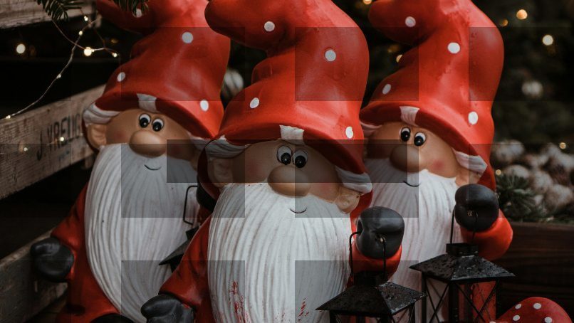 a group of gnomes sitting next to a christmas tree — Samsung Frame TV art