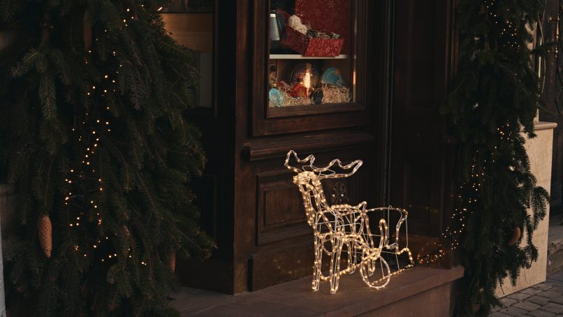 a lighted christmas sleigh in front of a store