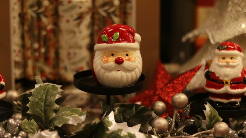 Close-up of festive santa claus decorations for christmas.