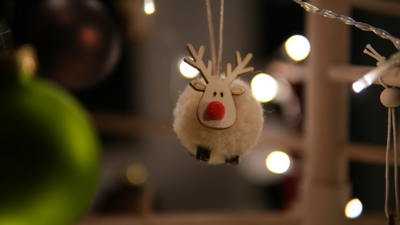A cute reindeer ornament hangs on a christmas tree.