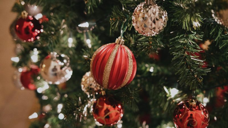a close up of a christmas tree with ornaments — Samsung Frame TV art