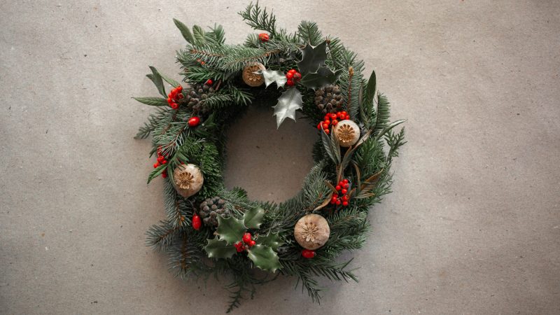 green and brown wreath with baubles — Samsung Frame TV art