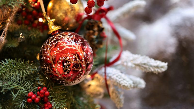 a close up of a christmas tree with ornaments — Samsung Frame TV art