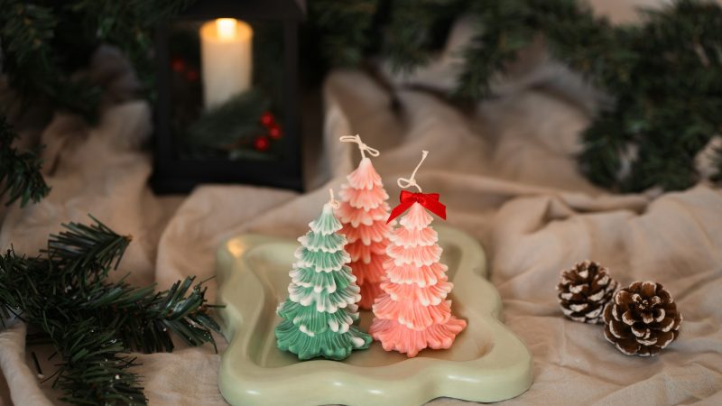A couple of small christmas trees sitting on top of a table — Samsung Frame TV art