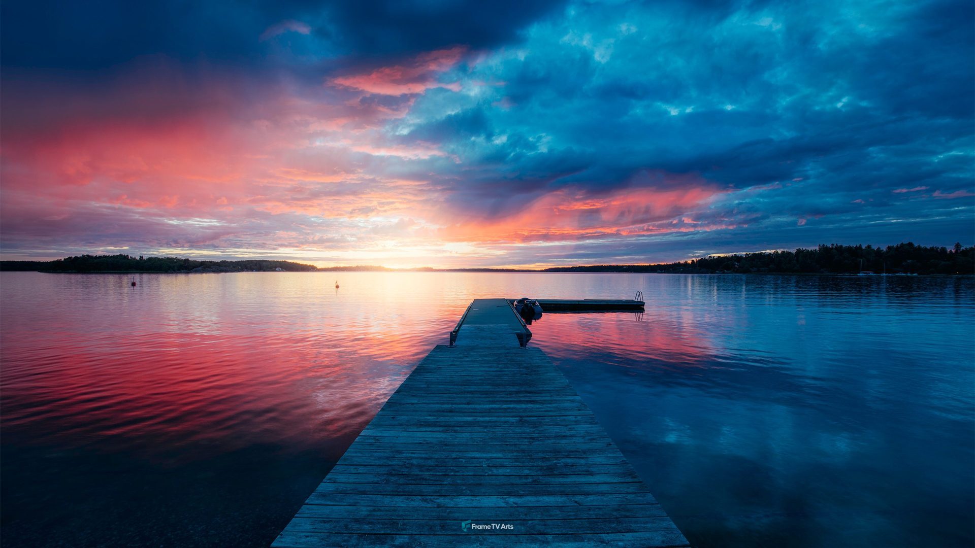 golden hour photography of docking pier on body of water — Samsung Frame TV art