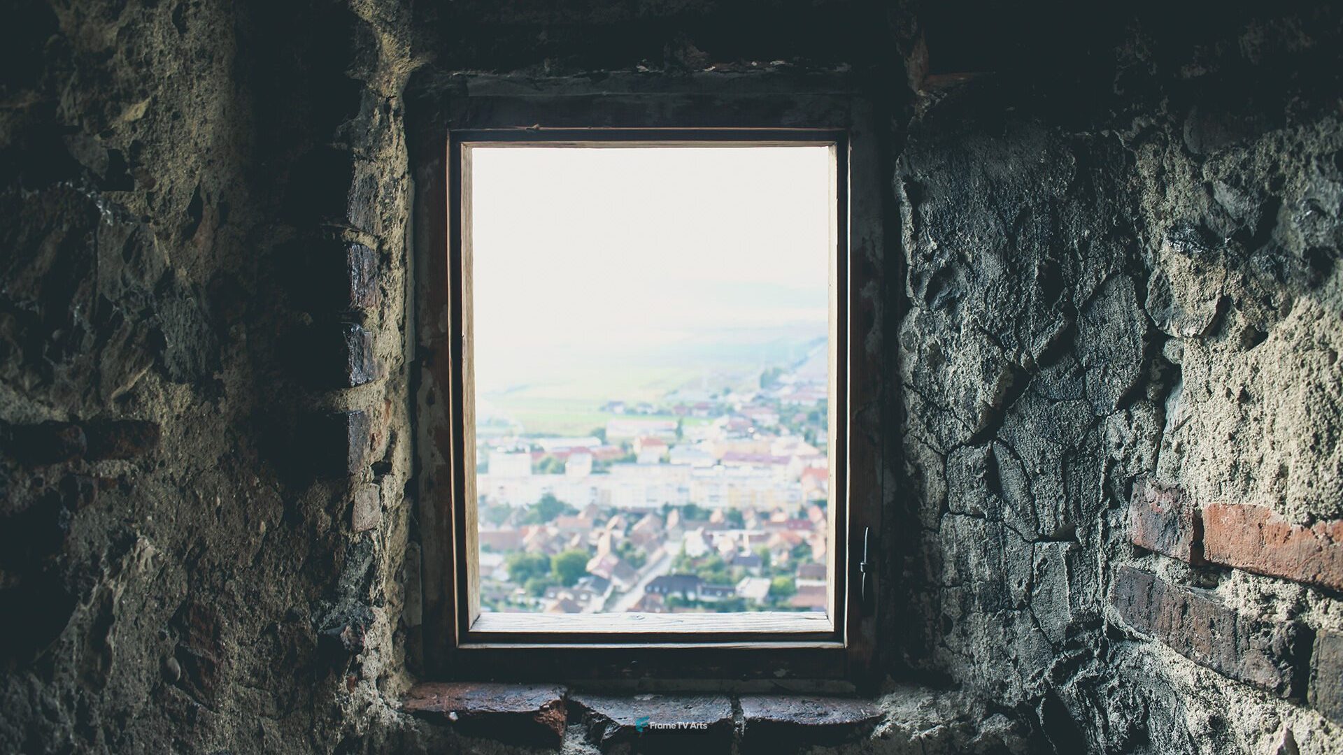 Window view of a town from a castle — Samsung Frame TV art