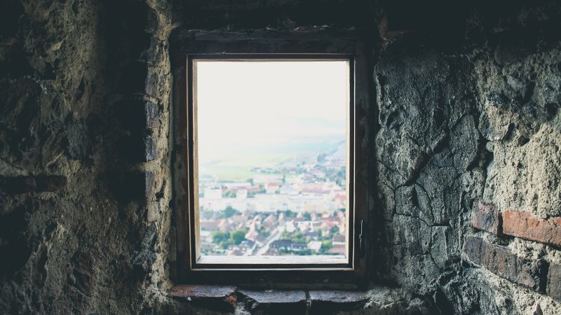Window view of a town from a castle — Samsung Frame TV art