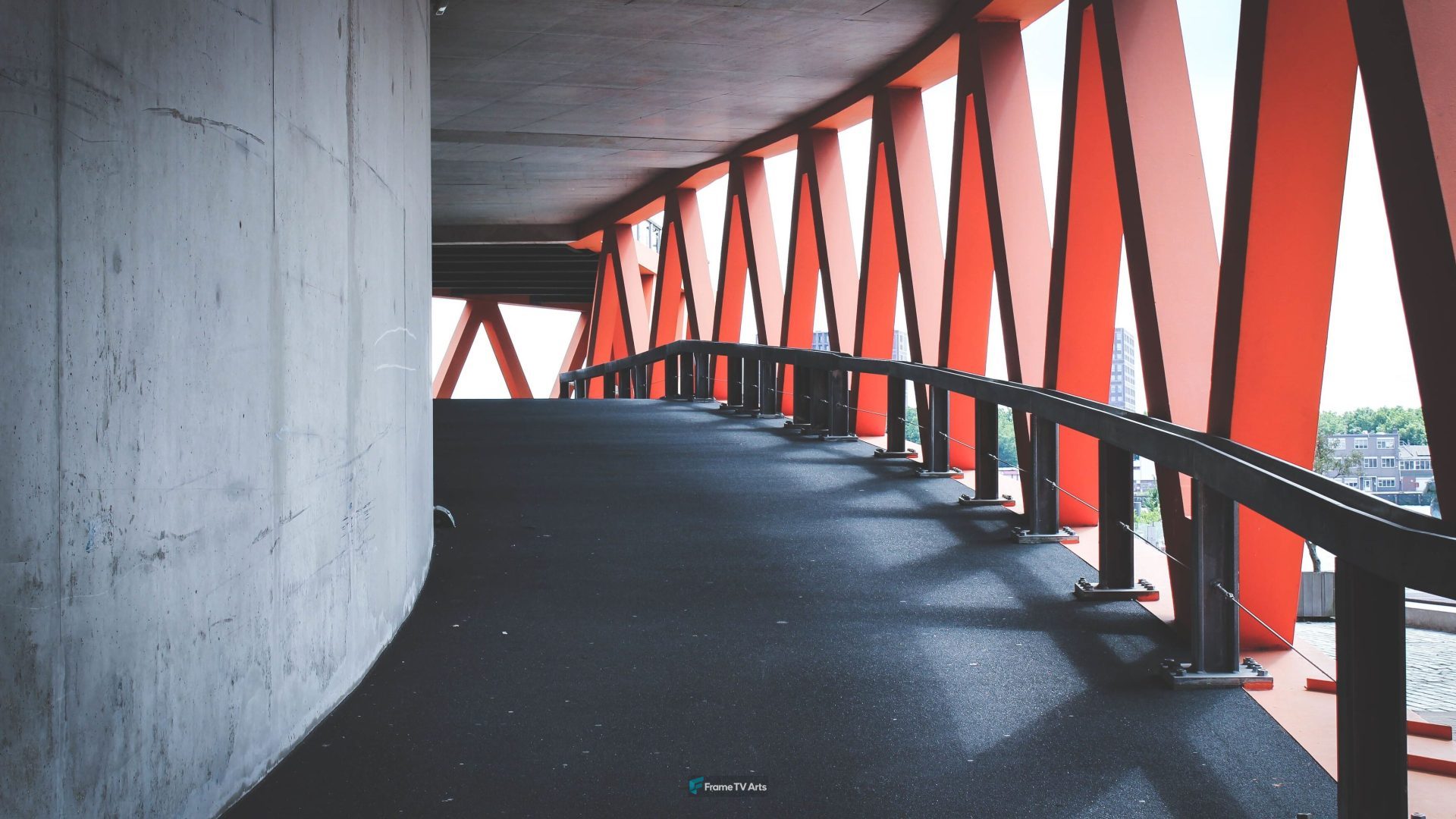 Modern red and white bridge corridor — Samsung Frame TV art