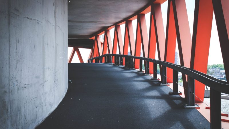 Modern red and white bridge corridor — Samsung Frame TV art