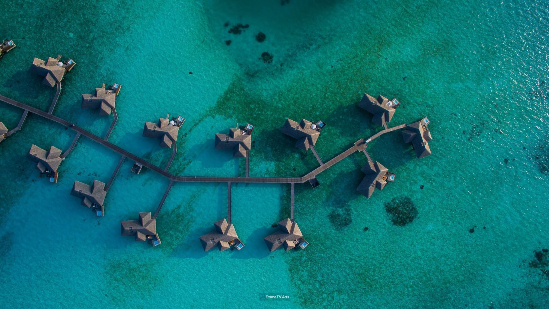 Overhead view of water bungalows and jetty — Samsung Frame TV art