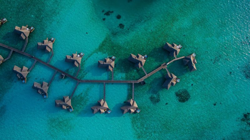 Overhead view of water bungalows and jetty — Samsung Frame TV art