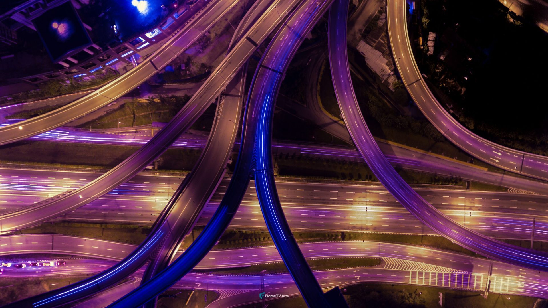 Illuminated highway interchange at night — Samsung Frame TV art