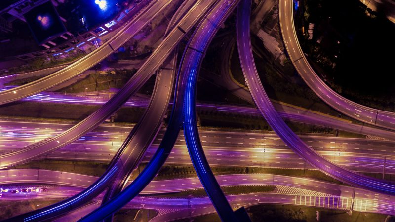 Illuminated highway interchange at night — Samsung Frame TV art