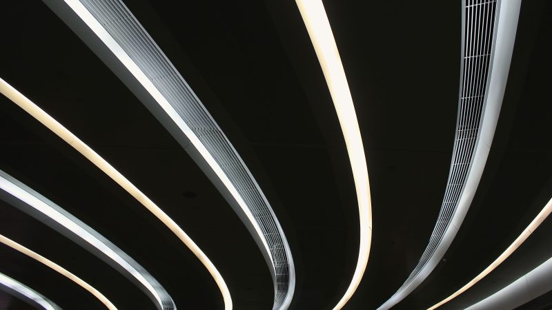 Modern Curved Ceiling with Bright Lights in Dark Space — Samsung Frame TV art