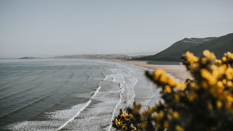 Waves crashing on a broad beach with a scenic, hilly background. — Samsung Frame TV art