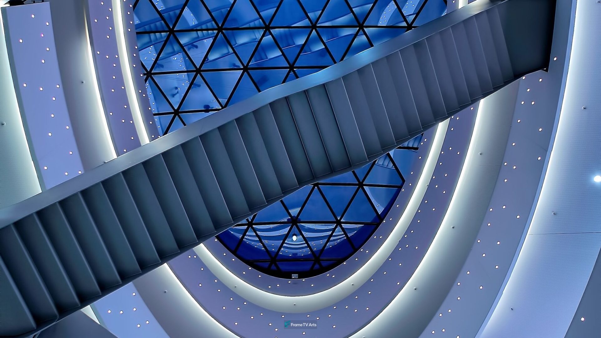 Futuristic interior with spiral stairs and modern lighting — Samsung Frame TV art