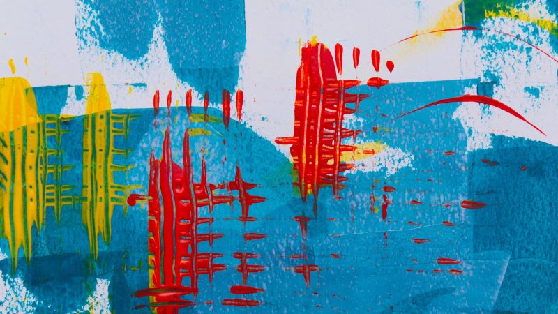 Cool-toned abstract painting with red and yellow streaks. — Samsung Frame TV art