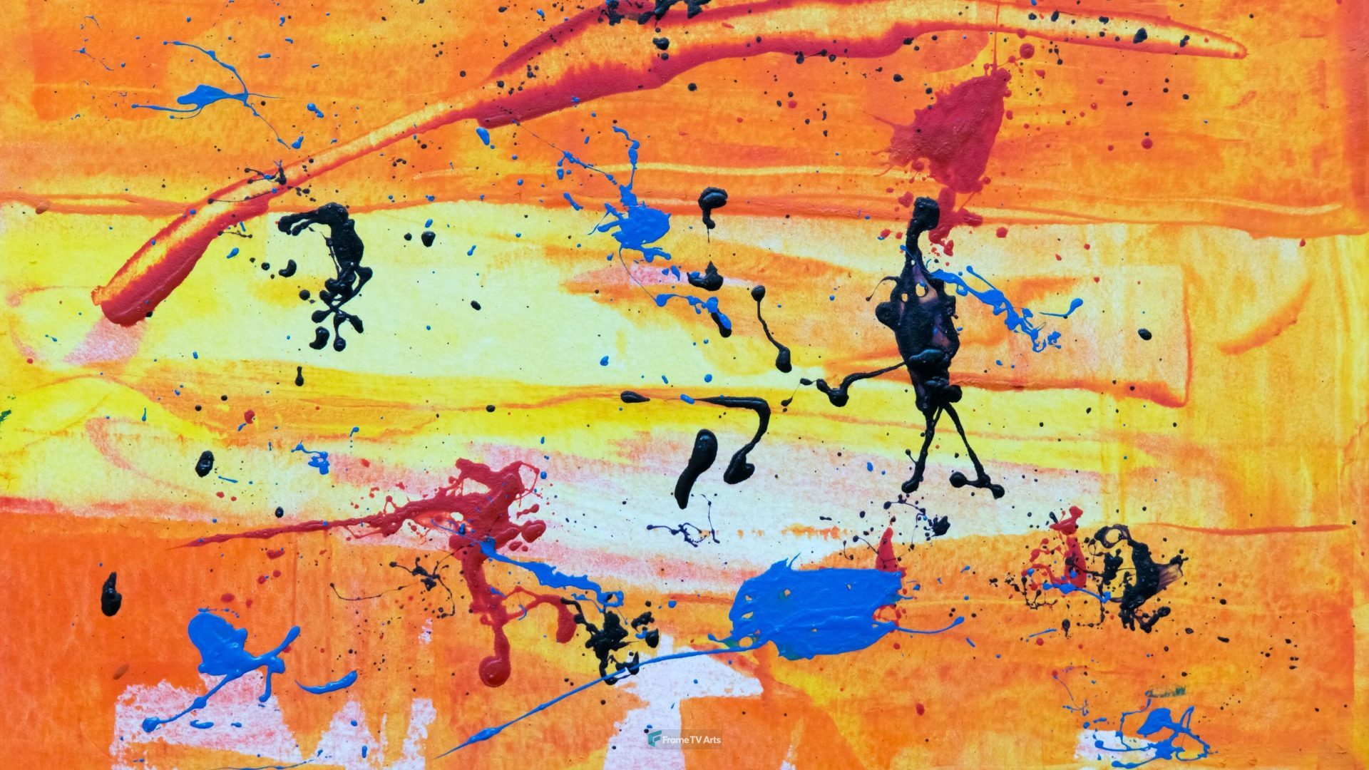 Abstract painting with bold colors and splattered patterns. — Samsung Frame TV art