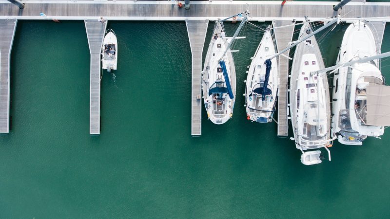 Aerial view of a marina with boats docked at piers — Samsung Frame TV art