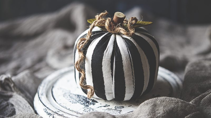 Decorative black and white striped pumpkin on plate. — Samsung Frame TV art