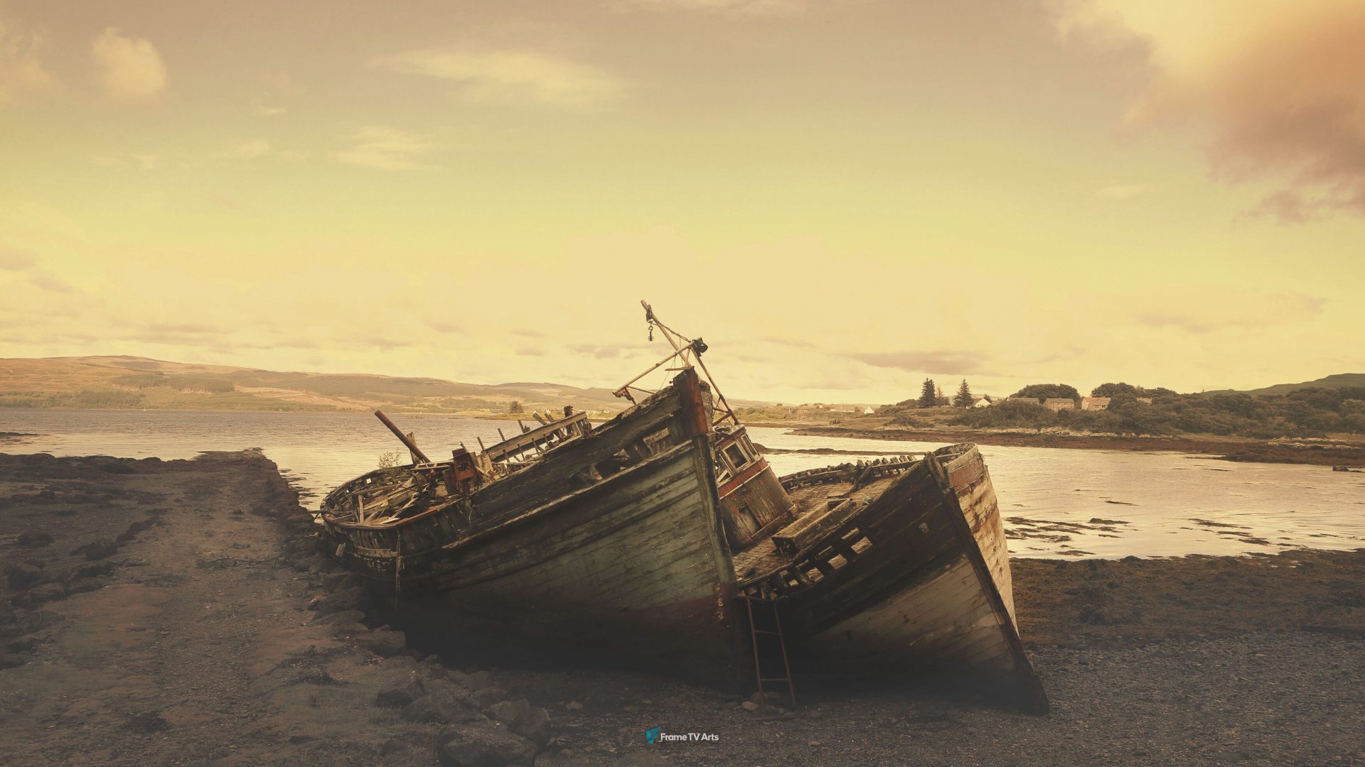 Abandoned wooden boats decaying on a deserted shore. — Samsung Frame TV art