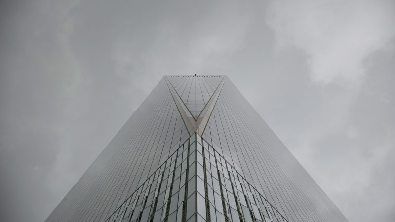 Corner view of a glass skyscraper — Samsung Frame TV art