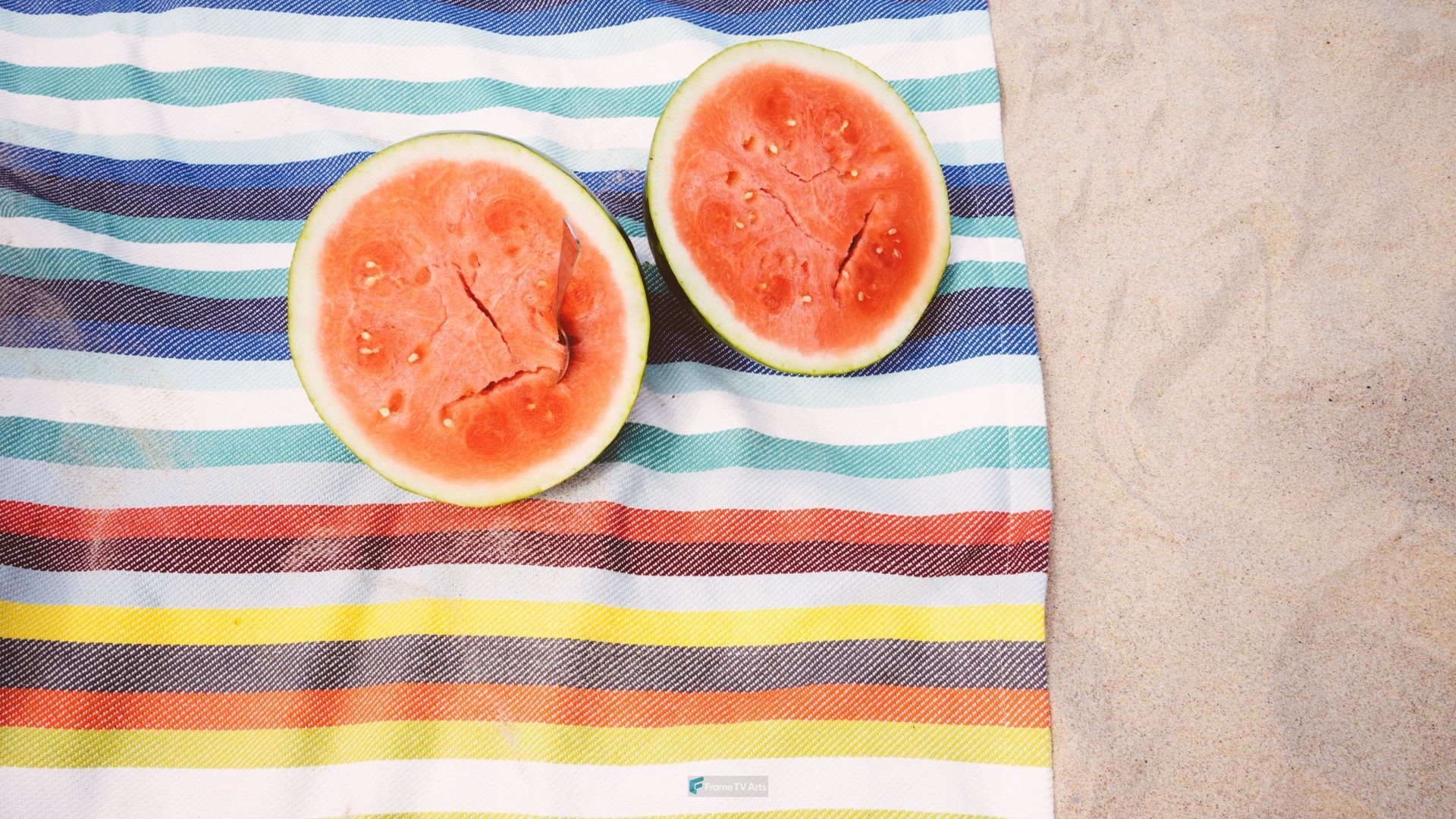 Sliced Watermelon on beach sand — Samsung Frame TV art