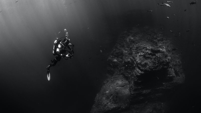 grayscale photo of person scuba diving — Samsung Frame TV art