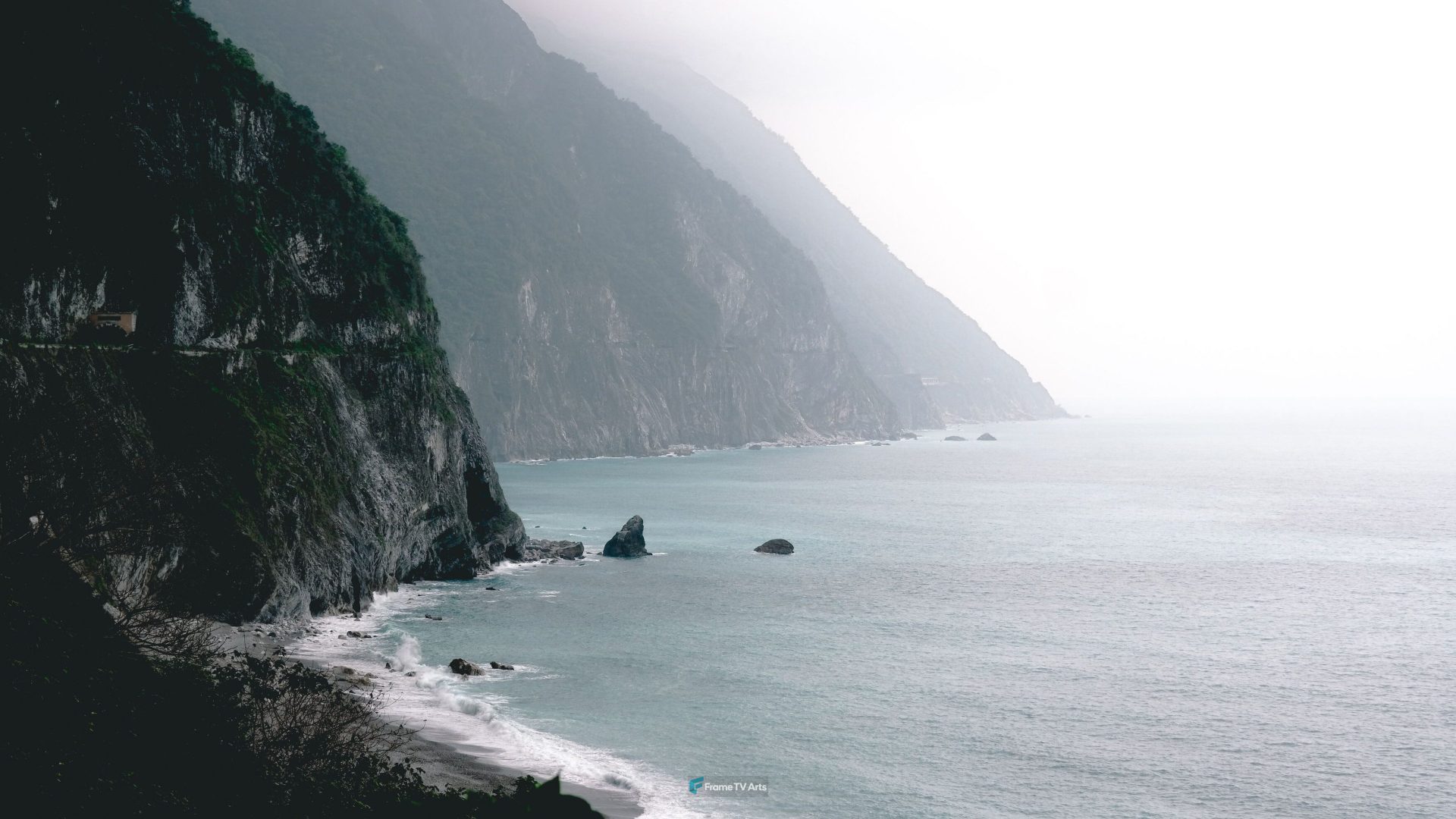 Secluded beach with mountain backdrop — Samsung Frame TV art