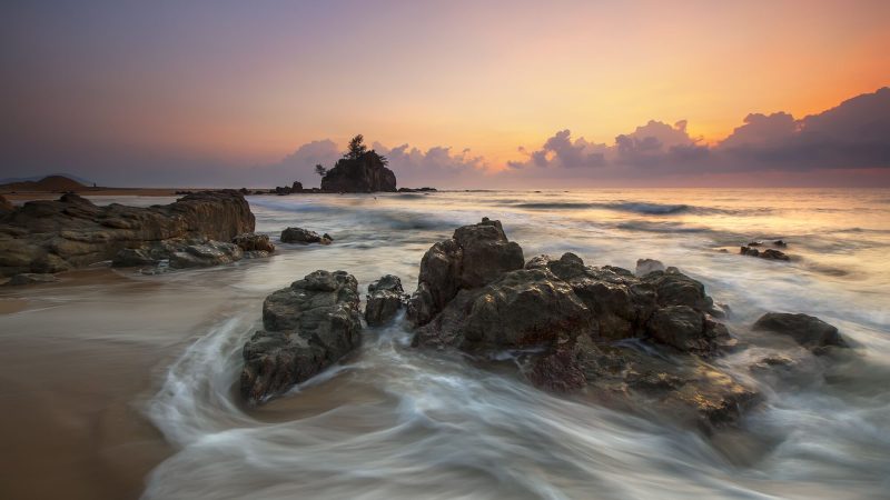 Soft ocean waves over rocks at sunset scenery — Samsung Frame TV art
