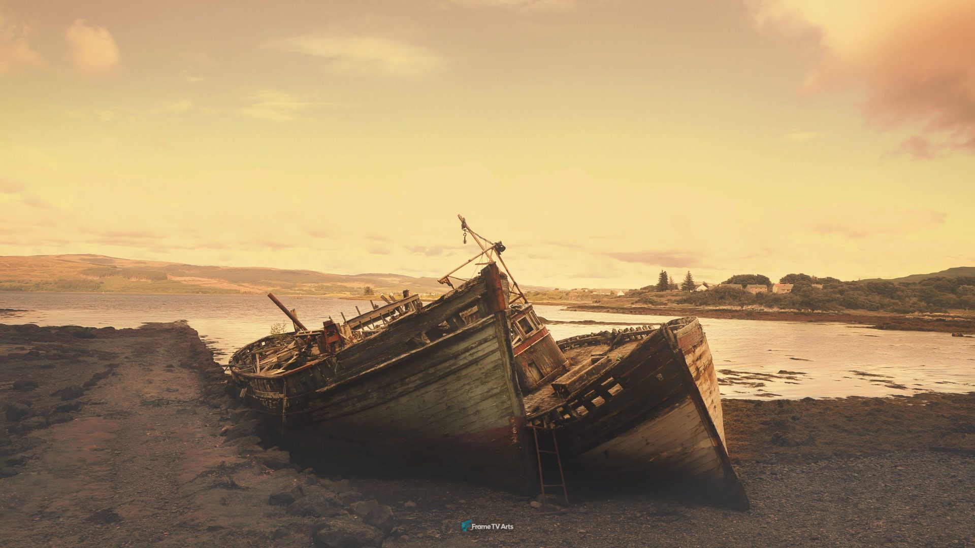 Sunset-tinged Abandoned Ships on a Rocky Shoreline by the Sea — Samsung Frame TV art