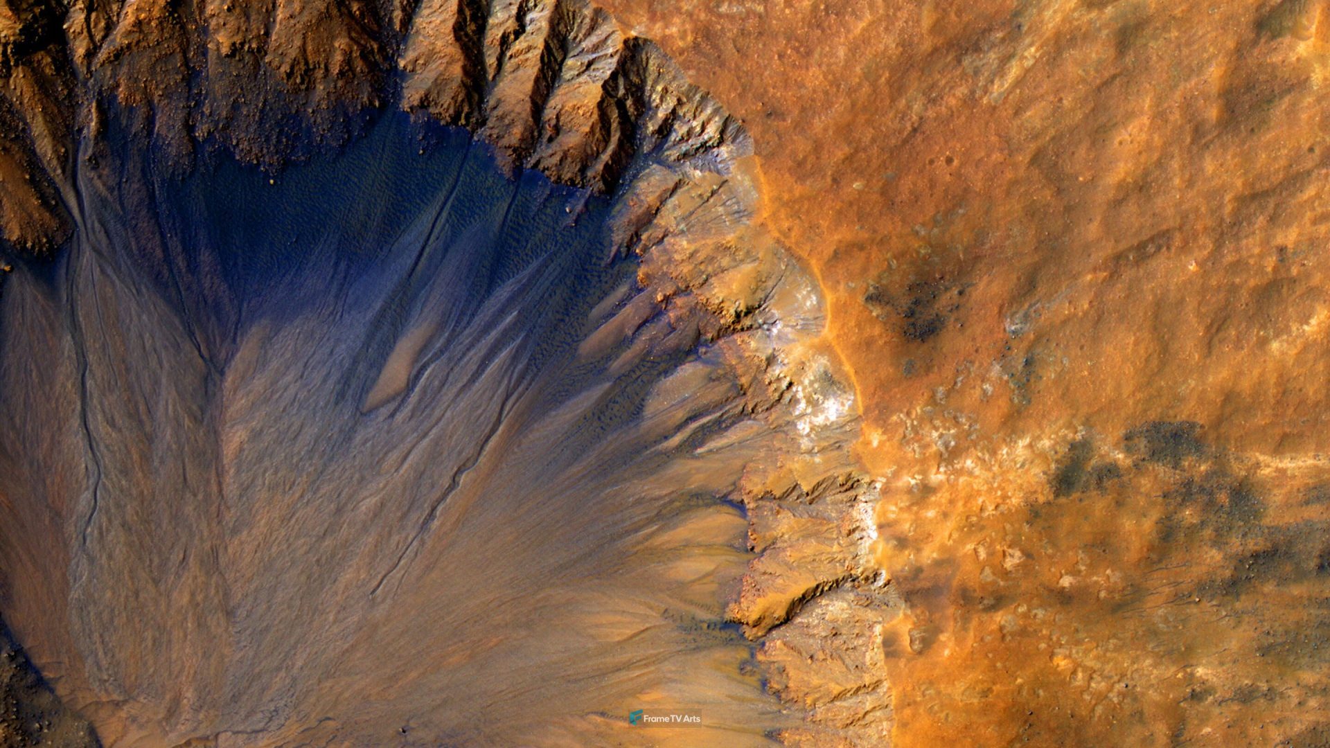 A vibrant, aerial view of a Martian landscape with large crater. — Samsung Frame TV art