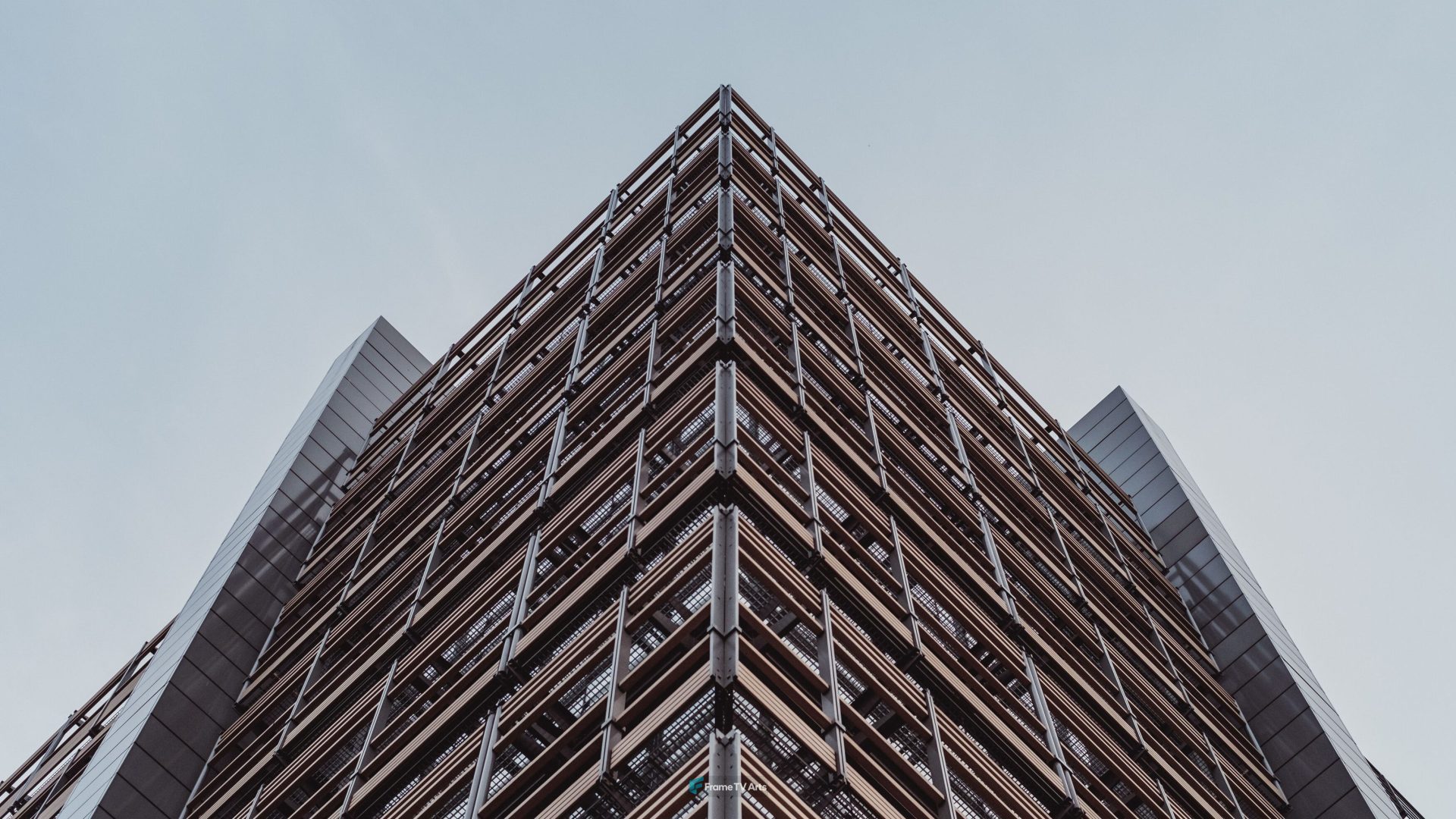Modern architecture with geometric wood and metal facade — Samsung Frame TV art