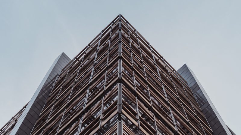 Modern architecture with geometric wood and metal facade — Samsung Frame TV art