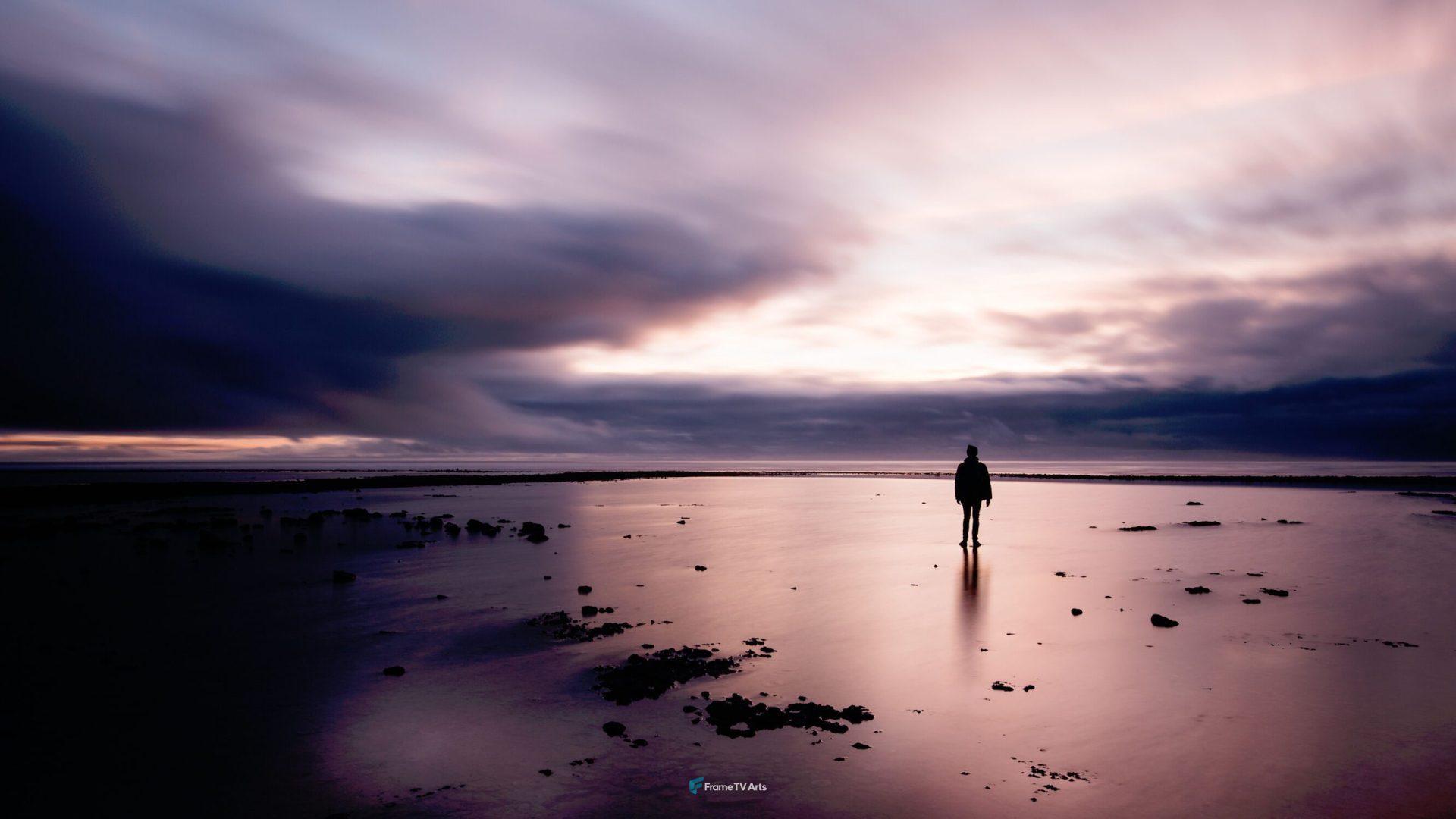 Person standing alone on vast beach at twilight. — Samsung Frame TV art