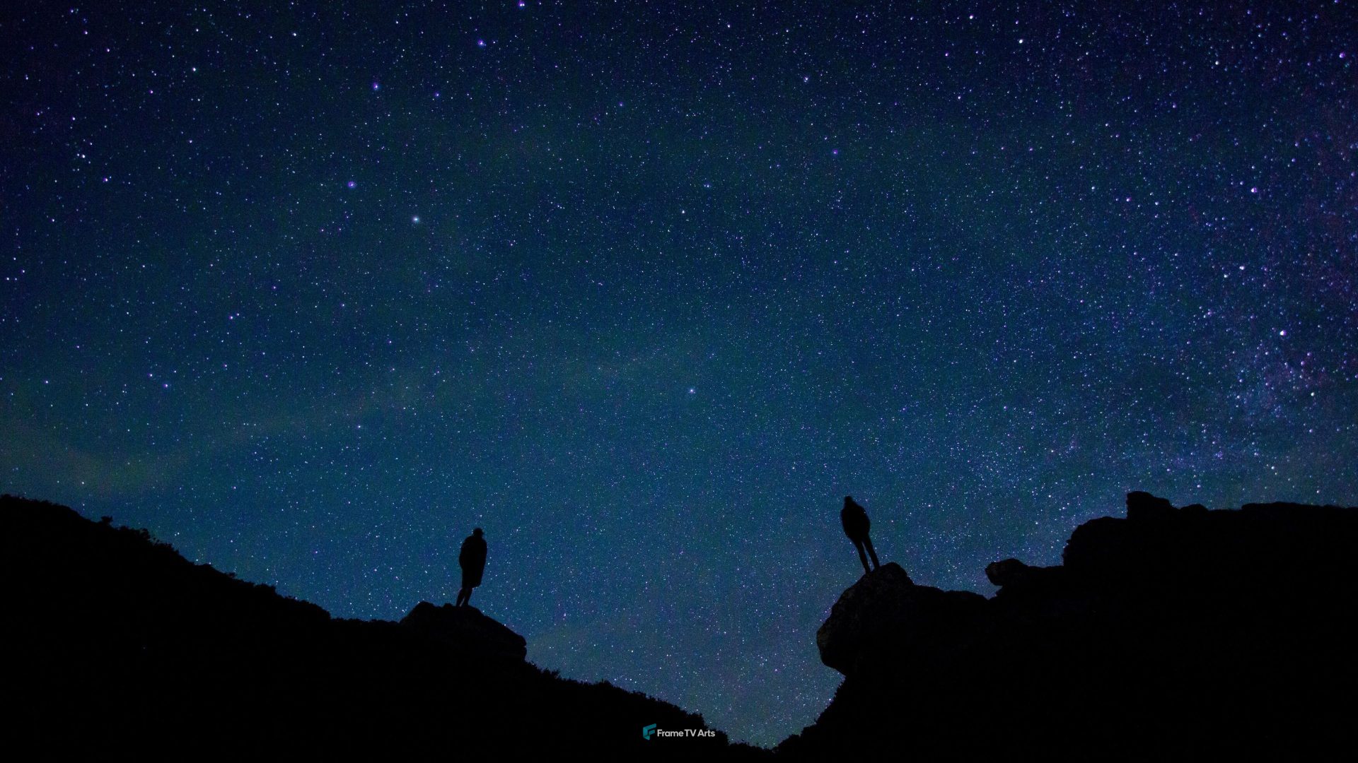 Silhouettes of two figures on rock against starry sky — Samsung Frame TV art