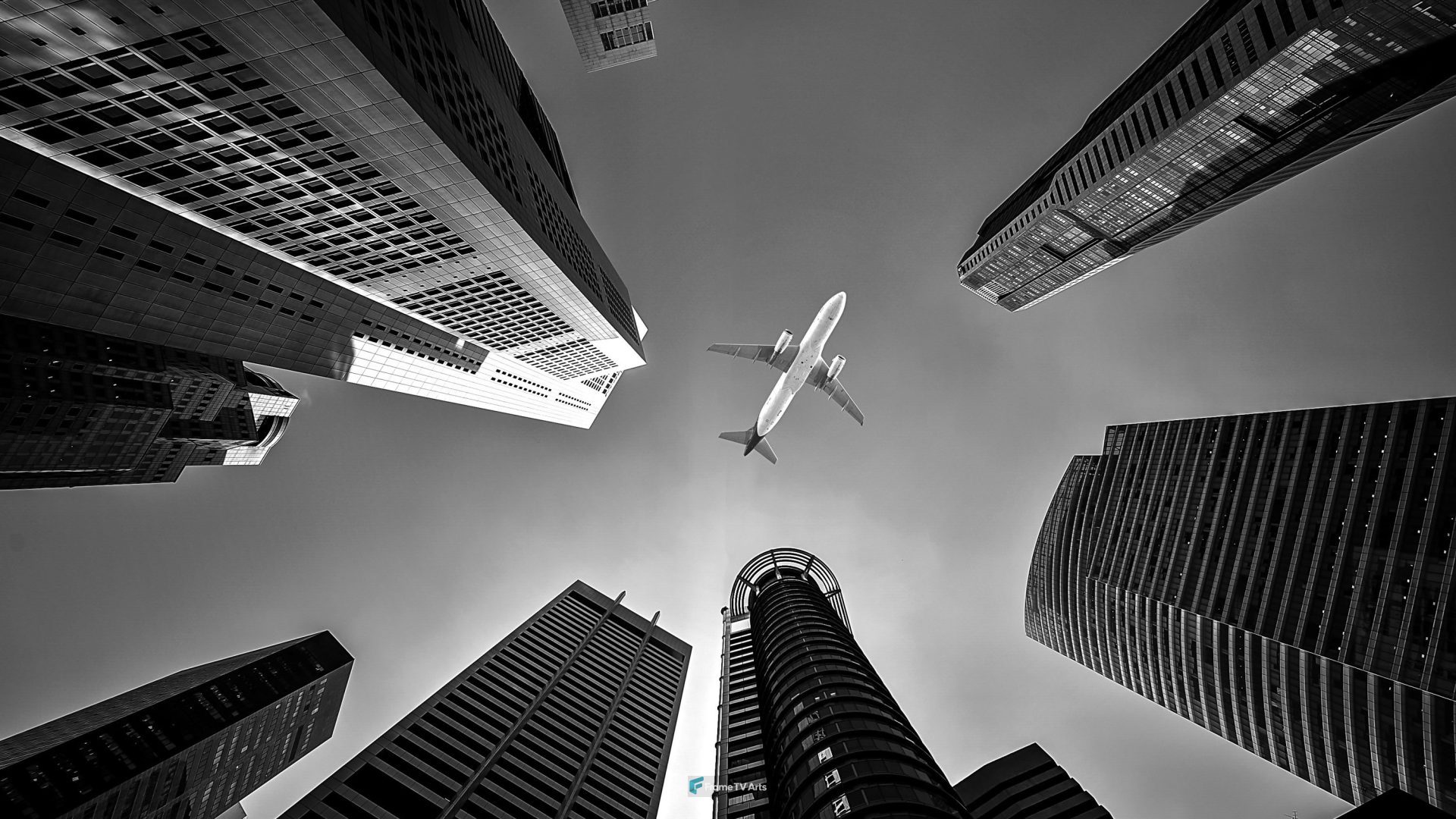Plane Flying Through Sky Between Tall Buildings — Samsung Frame TV art