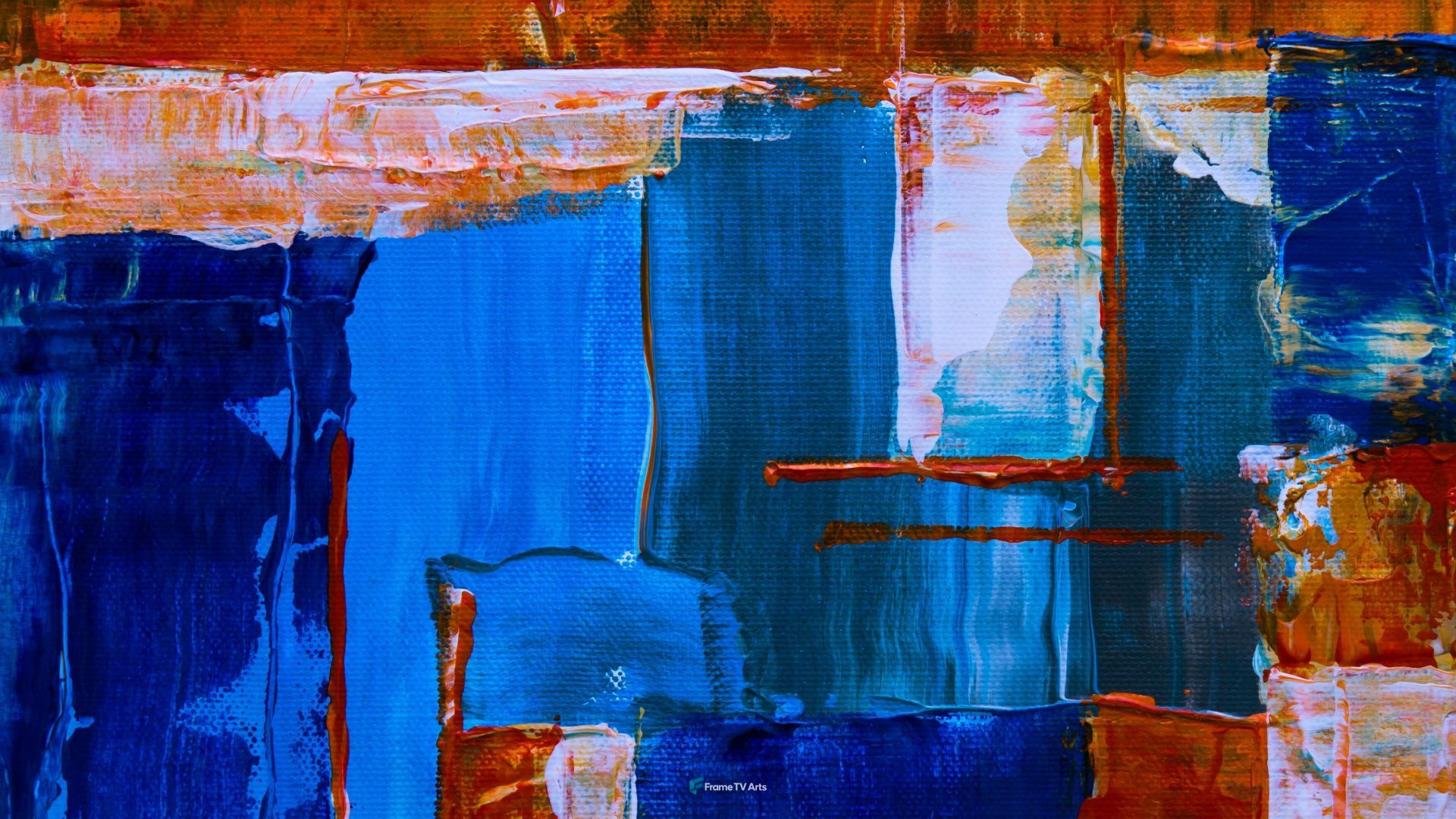 Complex abstract with interwoven blue, orange, white hues — Samsung Frame TV art