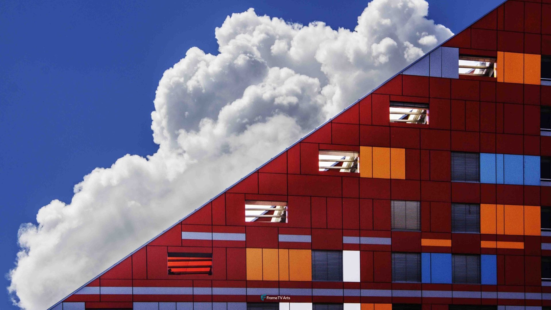 White Clouds Behind Red Building — Samsung Frame TV art