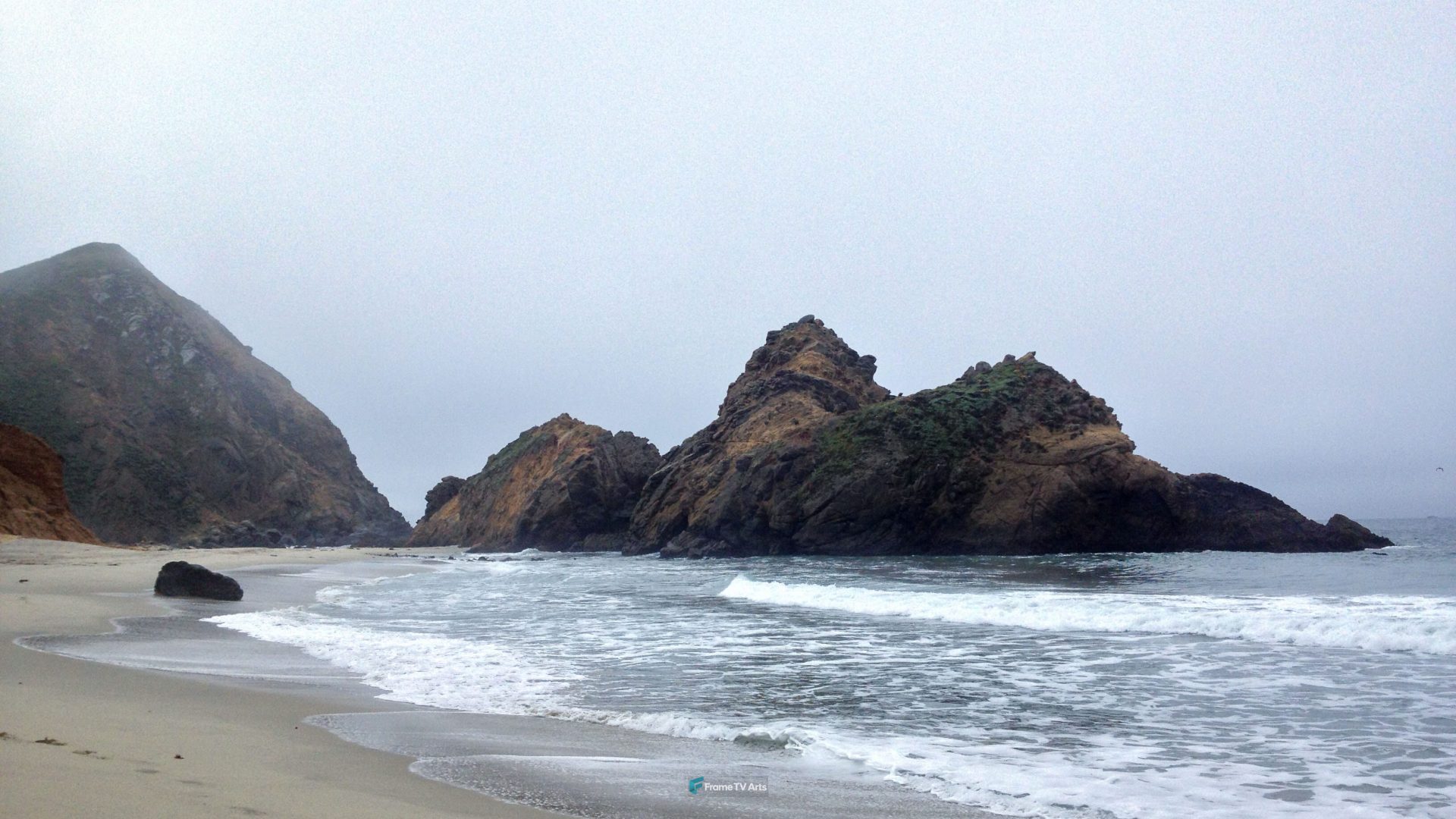 Foggy beach with rocky mountains — Samsung Frame TV art