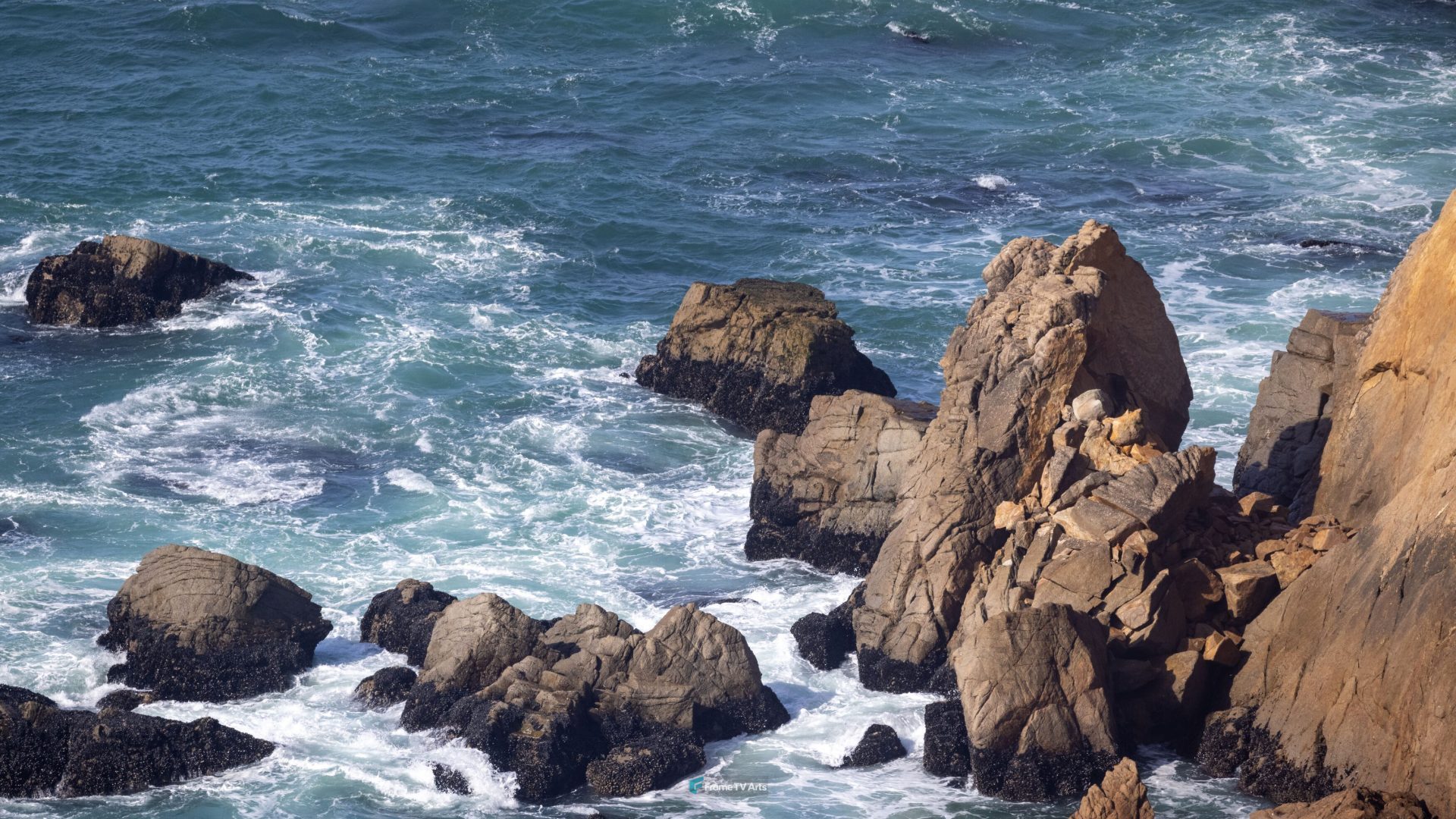 Dramatic ocean waves crashing on rugged rocks — Samsung Frame TV art