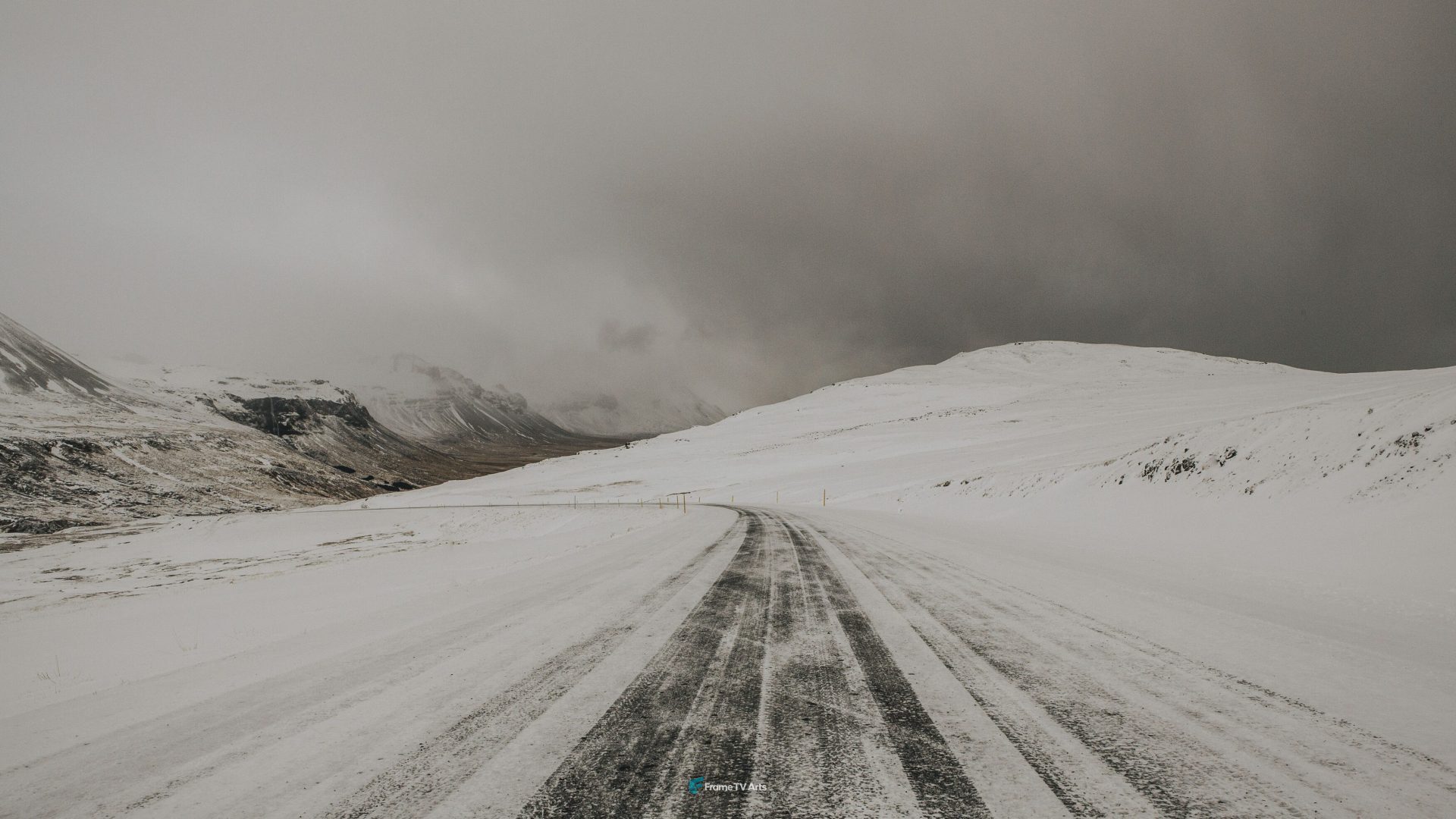 Snowy road stretching through a barren winter landscape — Samsung Frame TV art