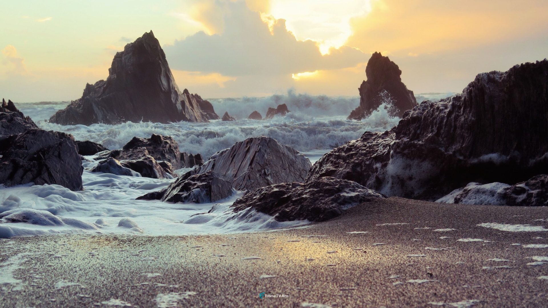 Beach at sunset with frothy waves — Samsung Frame TV art
