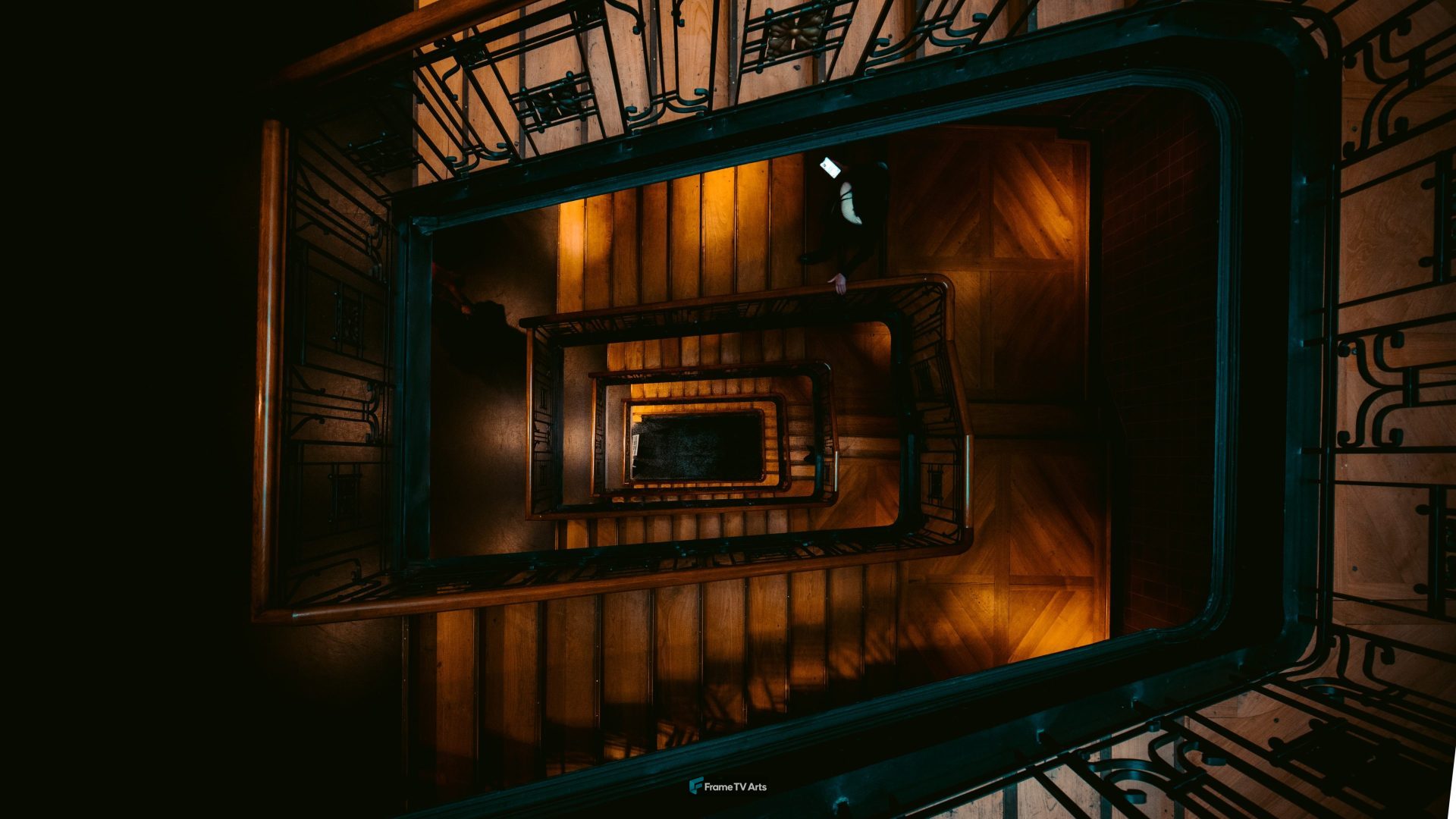 aerial photography of brown and green spiral stairs — Samsung Frame TV art