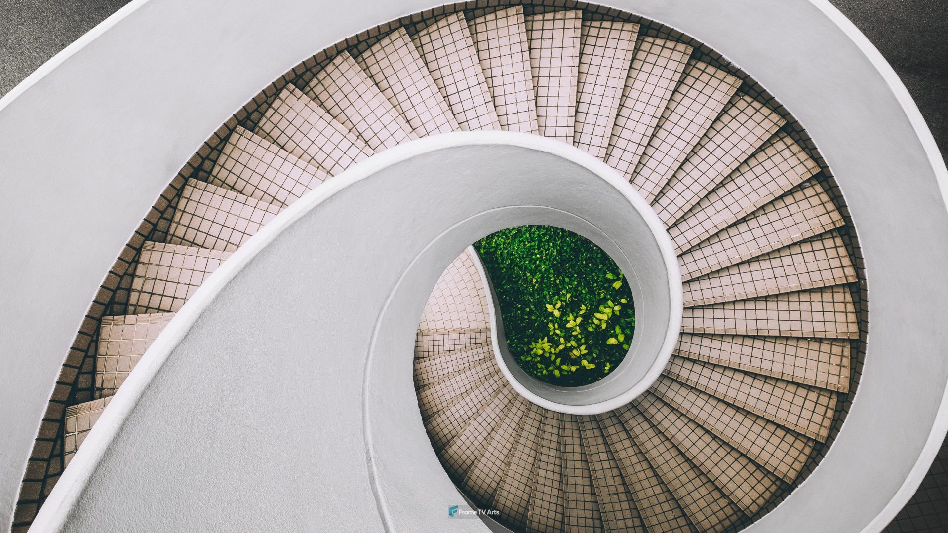 white and brown concrete spiral stairs — Samsung Frame TV art